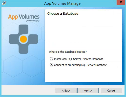 VMware App Volumes Choose Database Install