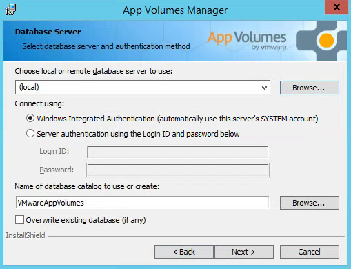VMware AppVolumes Database Settings and Server