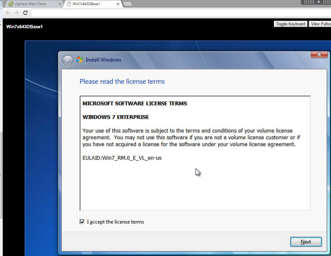 Installing Windows VMware Console Accept License