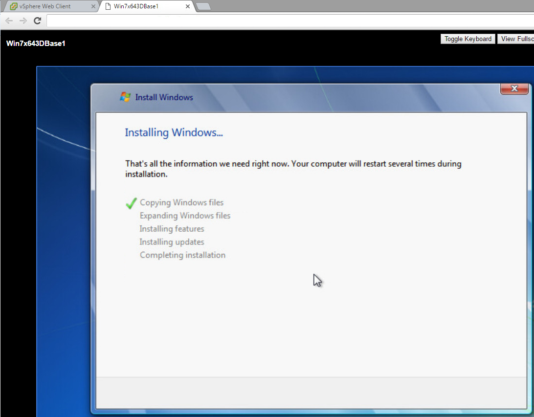 Installing Windows VMware Console Copy Windows Files