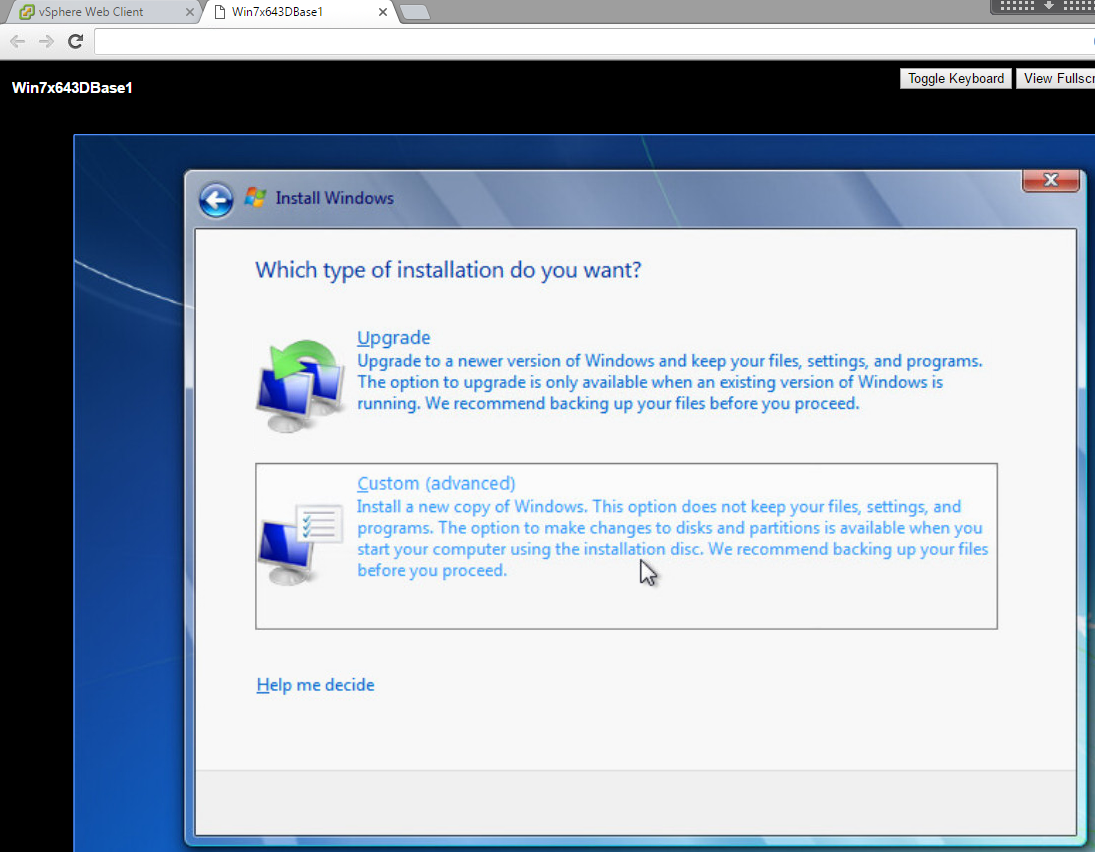 Installing Windows VMware Console Custom Install